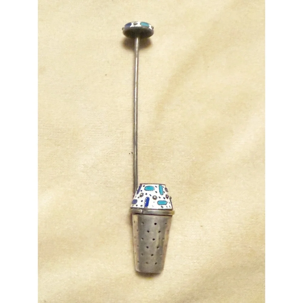 Vintage Russian 916 Silver Cloisonne Enamel Tea Strainer Hinged Basket 20.3g